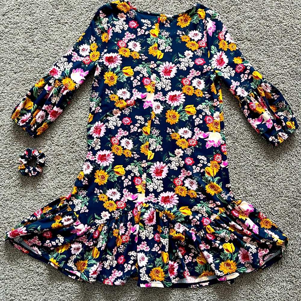 Girl’s Bonnie Jean Fall floral dress, Navy/yellow/pink. Size 14